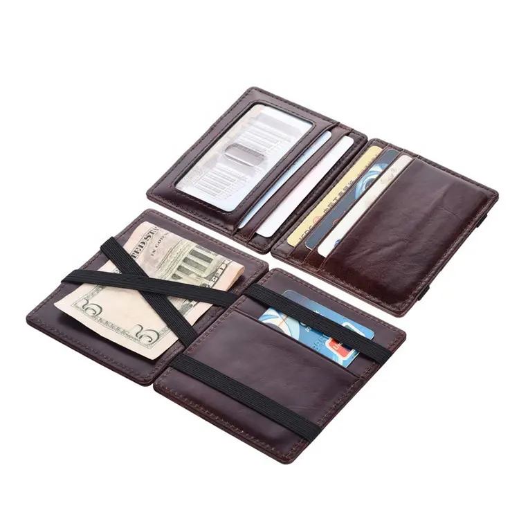 Custom Fashion Genuine Leather Minimalist RFID Blocking Slim Mens Money Magic Wallet with Elastic Straps