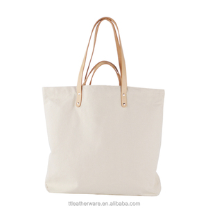 Tote Bag lourd blanc de 12OZ, sac en toile avec poignées en cuir véritable - Product Image 1