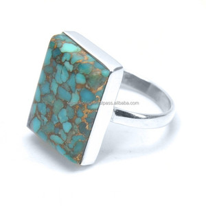 Rectángulo Cab Azul Cobre Turquesa Anillo de piedras preciosas Anillo de Plata de Ley 925 Ajuste de bisel Anillo de moda clásico para unisex. - Product Image 2