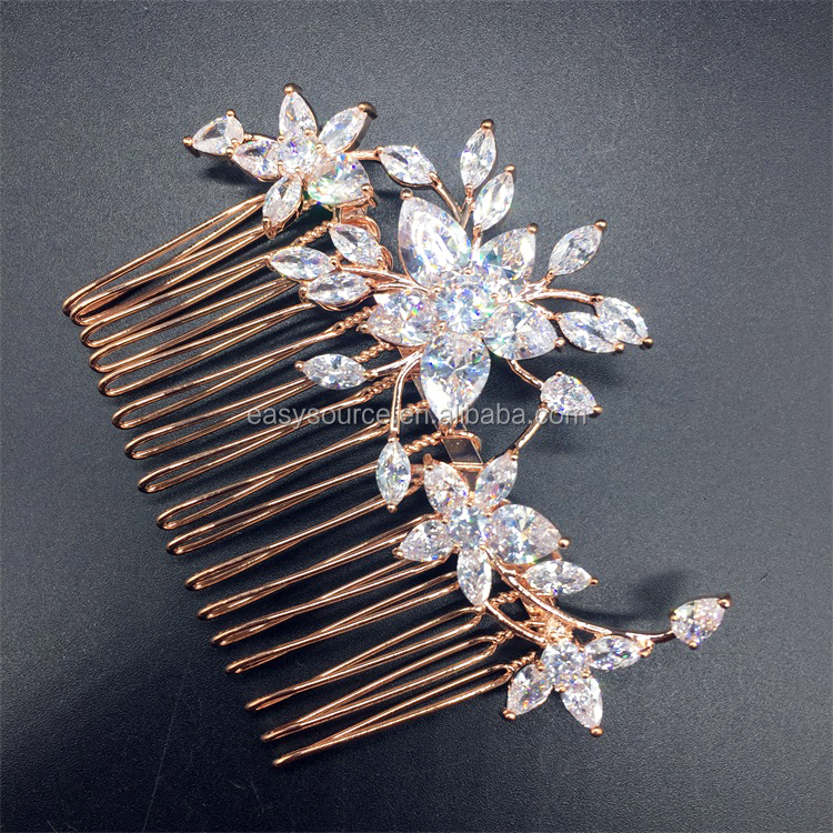 Высококачественная гребень для волос с фианитами цветок свадебный головной убор для невесты розовое золото