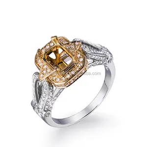 Solid 14k Two Tone Gold Diamond Semi mount Anniversary Ring Emerald Cut