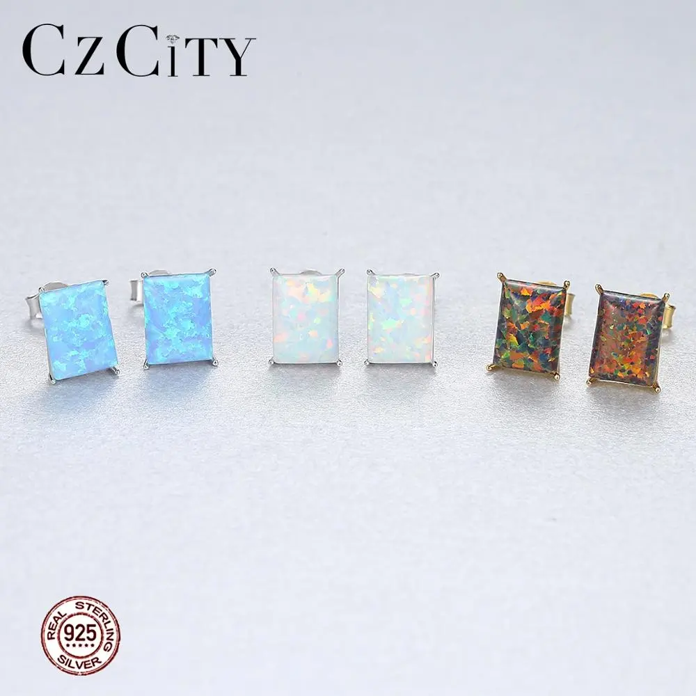 Czcity brincos femininos de opala, quadrados, azul, prata esterlina 925, joias feitas à mão