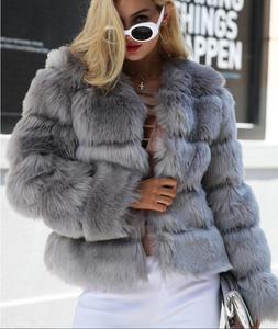 Manteau d'hiver pour femmes d'usine, blazer <span class=keywords><strong>gris</strong></span> uni moyen avec motif à carreaux, épais, 100% polyester, <span class=keywords><strong>fausse</strong></span> <span class=keywords><strong>fourrure</strong></span> de renard, tissage lâche - pour filles - Product Image 2