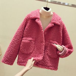 Veste en fourrure de mouton chic manteau court en fourrure de mouton couleur rose printemps hiver vêtements pour fille dame femmes - Product Image 6