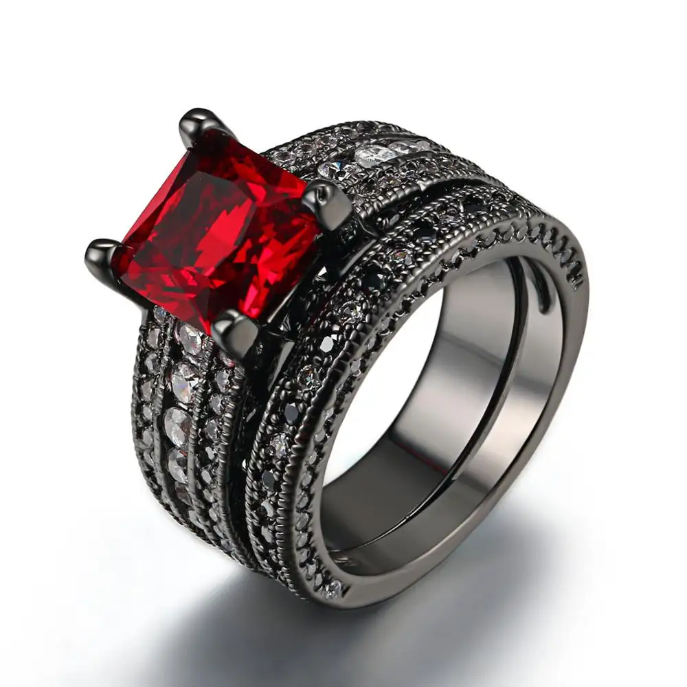 लक्जरी डिजाइन लाल वर्ग पत्थर की अंगूठी सेट काले सोने के रंग पार्टी के छल्ले गहने के लिए महिलाओं लड़की थोक शीर्ष गुणवत्ता R628