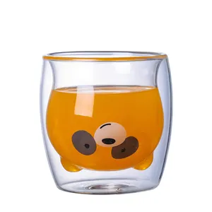 Oso panda resistente al calor para niños, taza de beber de doble pared de vidrio, leche, zumo y café, 300ml