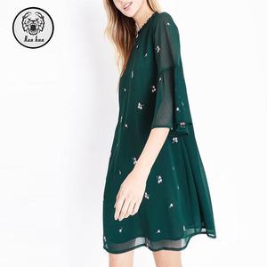 Mujeres moda floral verde oscuro bordado <span class=keywords><strong>Bell</strong></span> manga vestido - Product Image 1