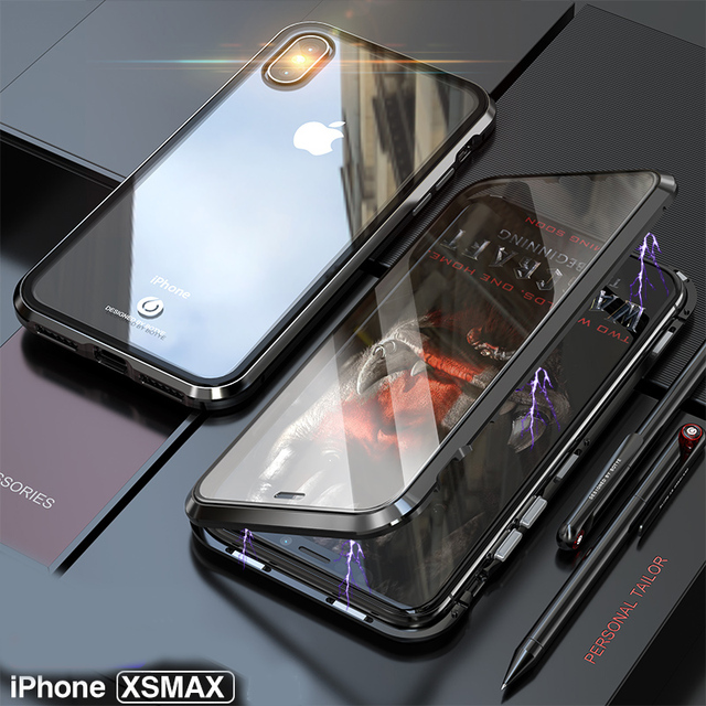Double Sided 2.5D Curved Surface Tempered Glass Phone Case with Shockproof Magnetic Metal Frame for iPhone Xs Max 6.5