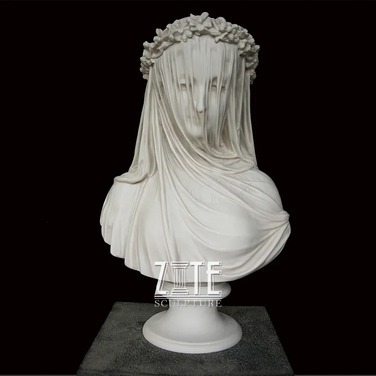 Life Size White Marble Veiled Woman Bust Sculpture