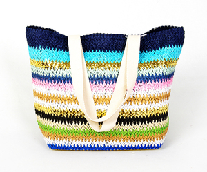 Popolare di Carta Fatta A Mano di Paglia <span class=keywords><strong>Borsa</strong></span> Da Spiaggia Logo Personalizzato A Righe Crochet Tote Bag Con Manico in <span class=keywords><strong>Cotone</strong></span> - Product Image 4