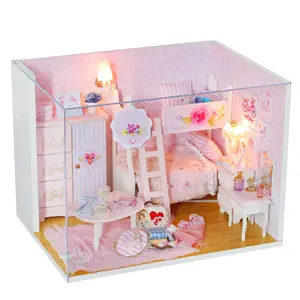 IIECREATE Rumah Boneka Kayu DIY, Ruang Kreatif Mini dengan Furnitur, Aksesori, & Kit Rumah Boneka dengan Lampu