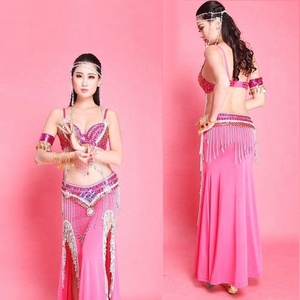 Bestdance 2/3 Fotos Sutiã + cinto Artesanal Frisado Dança do Ventre Conjuntos de Traje Top Saia Quadril Lenço 7 Cores - Product Image 2