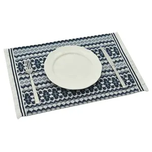 hitam putih striped alas Suppliers-Biru & Putih Kain Katun Alas Piring Table Mat Mudah Dibersihkan Tahan Panas Anyaman Vinyl Square Placemats