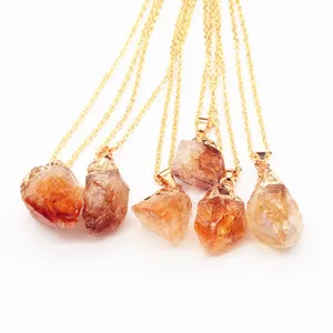 Citrine Raw Druzy Crystal Pendant Raw Stone Necklace With Gold Plated Chain