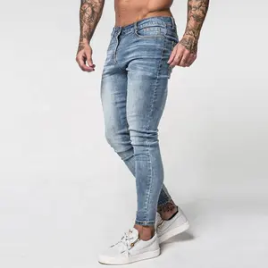 Dropshipping Nessun MOQ Sbiadito Lavato Blu Slim Fit Usura Pantaloni In Denim Utilizzato mens dei jeans