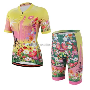 OEM cycling jersey and short women flower cycling jersey V collar jersey bib short