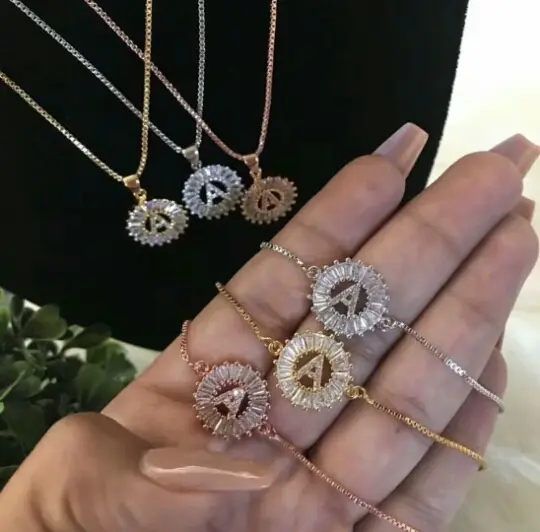 Copper Gold Cubic Zirconia 26 Alphabet Letter Pendant Necklaces A-Z Initial Charm Chain Necklace Women Jewelry Collar