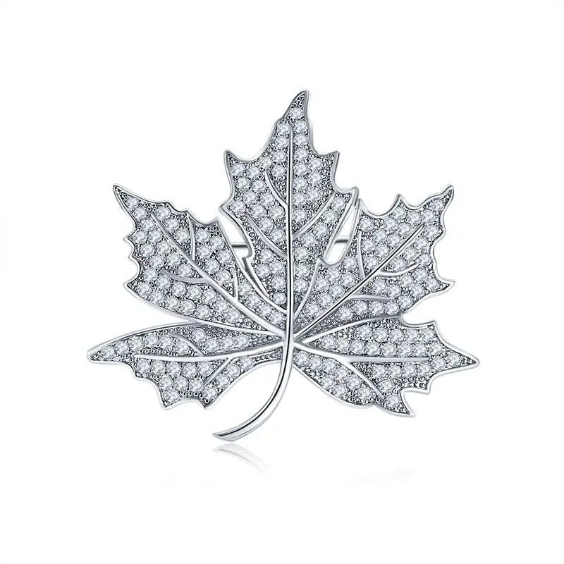 Queen Victorian Sparkly White Gold Plated Micro Pave CZ Cubic Zirconia Rhinestone Canadian Maple Leaf Brooch