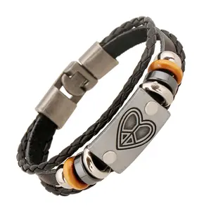 Corazón Vintage Logo de la paz de trenzado de cuero pulseras para las mujeres encanto pulsera para hombre mujer Pulseira indio joyería para regalo