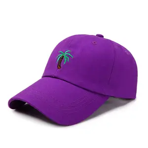 Pequeño MOQ colores surtidos de algodón de moda de palma de coco bordado púrpura gorra de béisbol fabricante