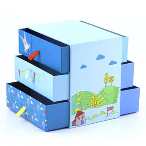 De dibujos animados lindo diseño de cartón 3 cajón de capas caja de multicapa de almacenamiento de caja de regalo de embalaje