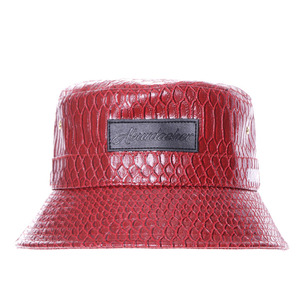 Qianzun factory red waterproof leather patch embossed your own logo custom pu leather bucket hat for women ladies