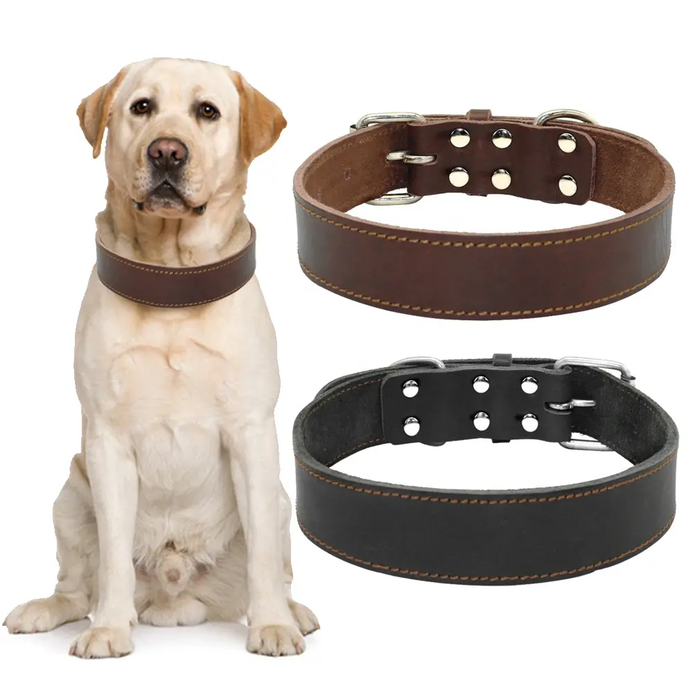 Alta calidad cómodo suave duradera de cuero genuino Collar para perro mascota