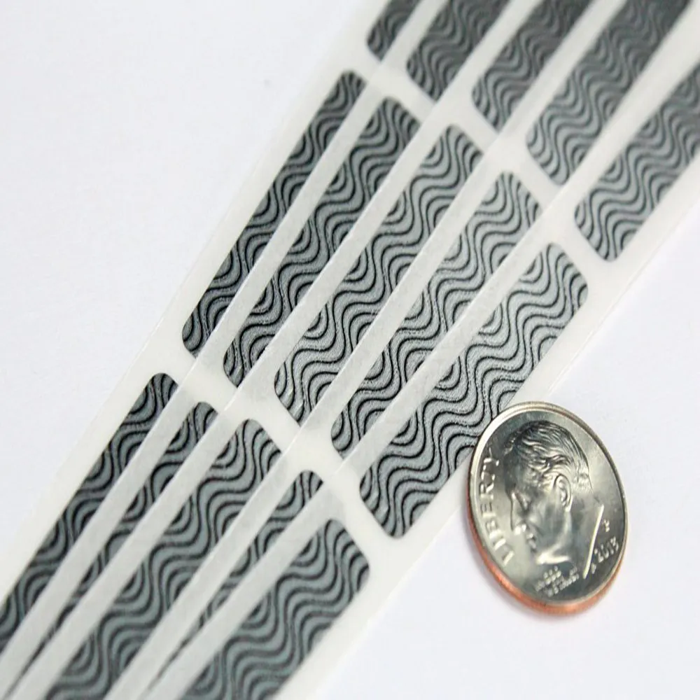 Zebra adesivo de segurança, tamper evidente de arranhões fora de etiquetas-prata, ondulado, zebra, 1/4 "x 1- 3/8", anti arranhão rótulos