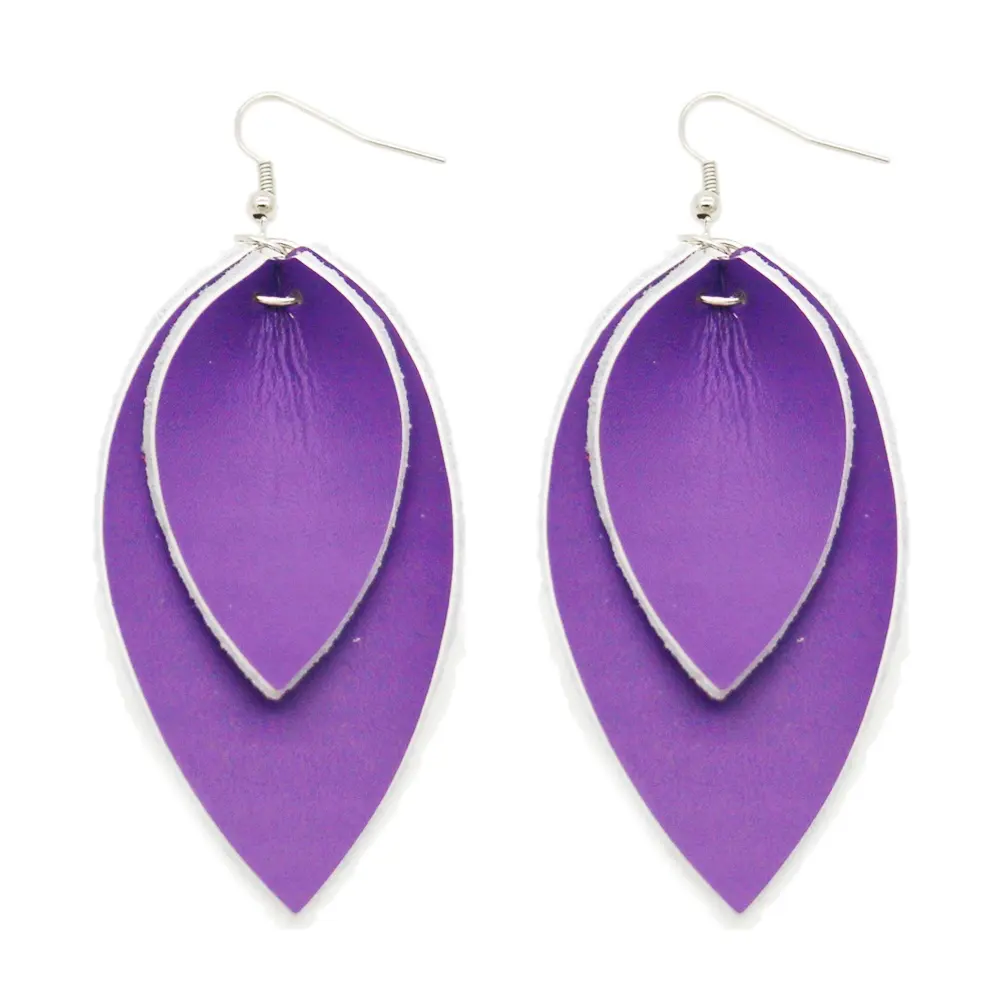 Fashionable and personalized simple leather and colorful double layer leaf shape leather earrings