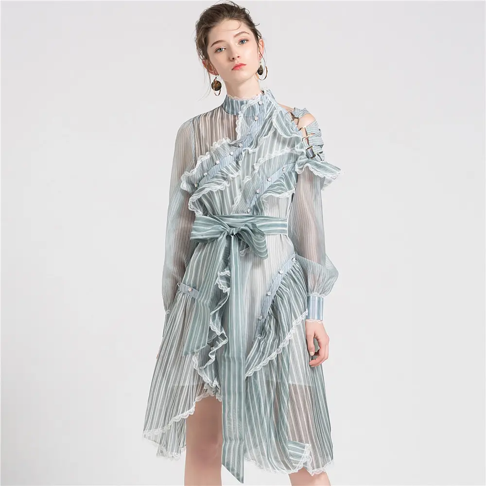 Flowing Long Sleeve Luxury Asymmetric Drape Striped Young Woman Dress