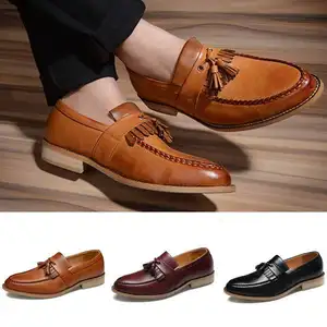 Sepatu Formal Gaya Inggris untuk Pria, Sepatu Formal Modis Kasual Berumbai Gaya Inggris Cokelat Hitam, Sepatu Formal Pesta Pernikahan Datar untuk Pria