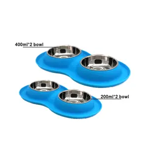 Double Dog Cat Food Water Bowls Stainless Steel Bowls with Non Skid Silicone Mat Spill Proof Puppy Bowl