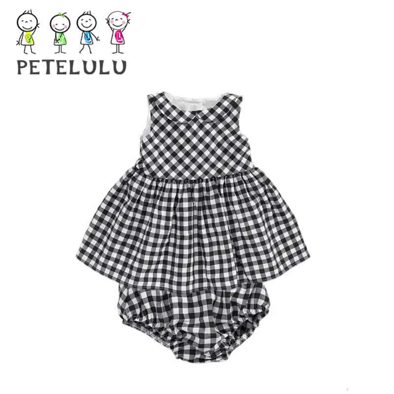 Sleeveless Cotton Check Peter Pan Collar Girl Garment Wholesale Smock Baby Dresses