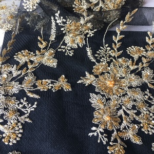Tessuto in <span class=keywords><strong>Tulle</strong></span> <span class=keywords><strong>Nero</strong></span> con Ricami Dorati e Accessori Ricamati a Mano, Bellissimo Tessuto per Abiti da Donna - Product Image 4
