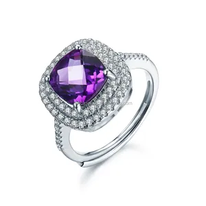 Hot sale fashion jewelry luxury amethyst gemstone double halo ring in silver