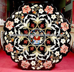 Plateaux de table à manger décoratifs en marbre noir incrusté - Product Image 1