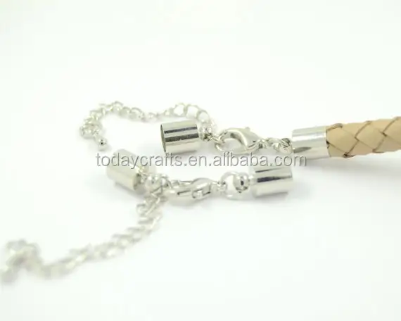 Silver Tone crimp bead ends for Leather Cord Ends Cap With Lobster Clasp Buckle and Extender chain