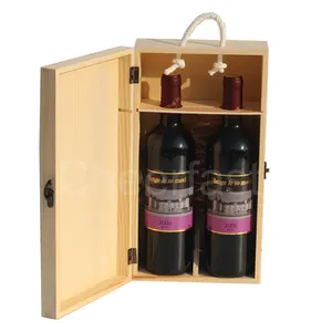 Güzel kırmızı şarap şişesi hediye kutusu ambalaj depolama taşıma çantası çam ahşap şarap çift şişe hediye kutusu ile ip kolu