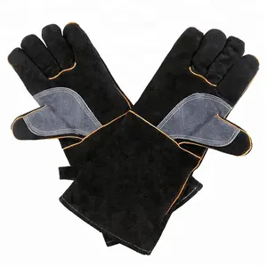 SUNSHINE Factory 14inch Wholesale Stick Heat Resistant Black Leather Welding Glove for Grill BBQ etc.