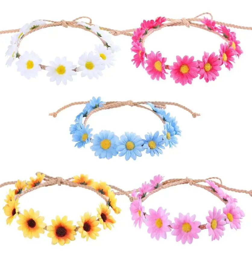 Bohemian Flower Crown Floral Headband with Elastic Ribbon Daisy Flower Headband For Women and Girls