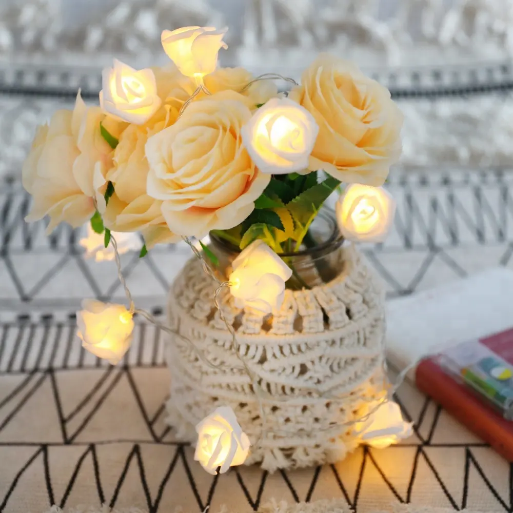 10 LED Warm White Flower Battery Operated Rose String Lights For Home, Holiday Decor