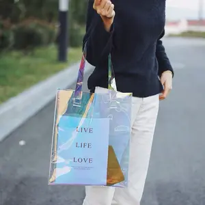 Голографическая красочная сумка-тоут из пвх с индивидуальным принтом, сумка для покупок через плечо