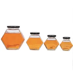 380ML Hexagon Glass Mật Ong Jar Với Vít Kim Loại Nắp