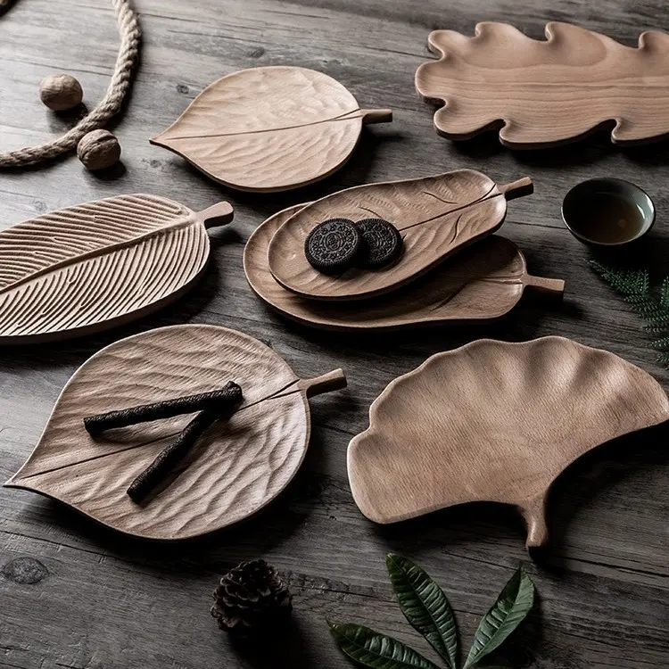 China Supplier Japanese Style Leaf Design Large Size Small Wooden Serving Bowl Dishes for sale with Fruit Snack Food Storage