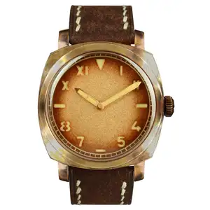 Relógio de couro masculino clássico vintage automático quadrado personalizado safira à prova d'água 2020 relógio de bronze movimento 8mm mergulhador