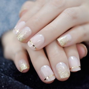 Cubierta de Gel para <span class=keywords><strong>uñas</strong></span> postizas, purpurina dorada, <span class=keywords><strong>Uñas</strong></span> postizas cortas <span class=keywords><strong>con</strong></span> lengüetas adhesivas, perfectas para uso diario - Product Image 4