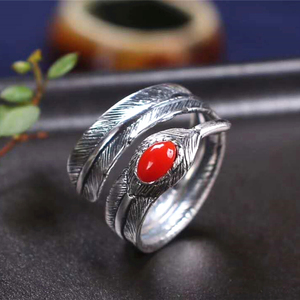Tibetan Handmade <strong>Silver</strong> Natural Japanese Red Coral <strong>Ring</strong> for Women <strong>Feather</strong> Shape Design Your Own Championship <strong>Ring</strong> - Product Image 1