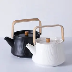 Wholesale 4 Cups 1 Teapot Black Glaze Japanese Porcelain Tea Set With Wooden Tray