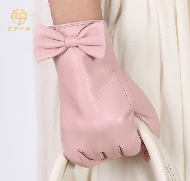 NAPA cuero de invierno niñas Rosa guantes de cuero con lazo