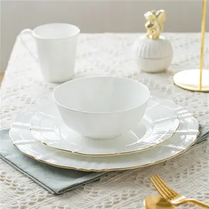 Set Alat Makan Malam Porselen Porselen Porselen Porselen Tulang Warna Putih Elegan Kerajaan Inggris dengan Pinggiran Emas
